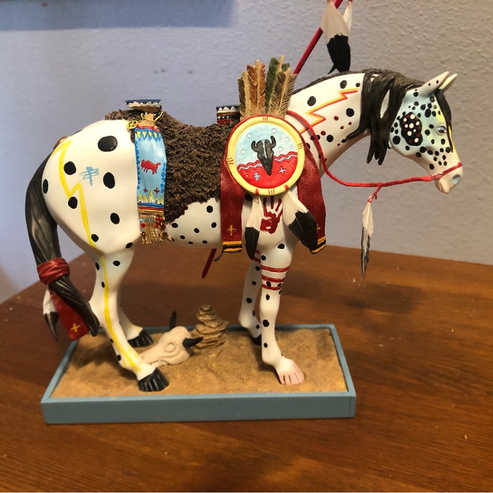 White and Black Spotted Native-Style Horse Sculpture with Multicolor Accents